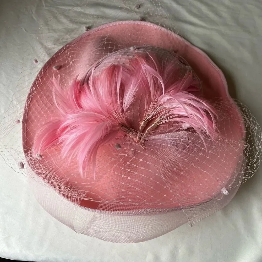 Vintage Pink Feathered Veiled Pillbox Hat - Picture 2 of 10